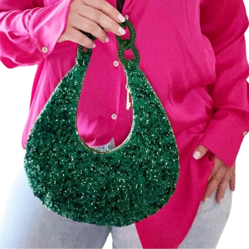 ZARA Emerald Green Beaded Mini Shoulder Resort Bag 💚✨ - Picture 4 of 6